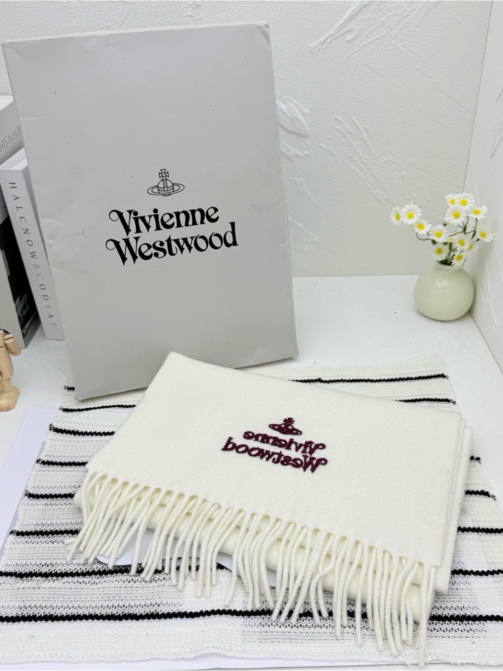 Vivienne Westwood Cream Fringe Scarf with Burgundy Logo